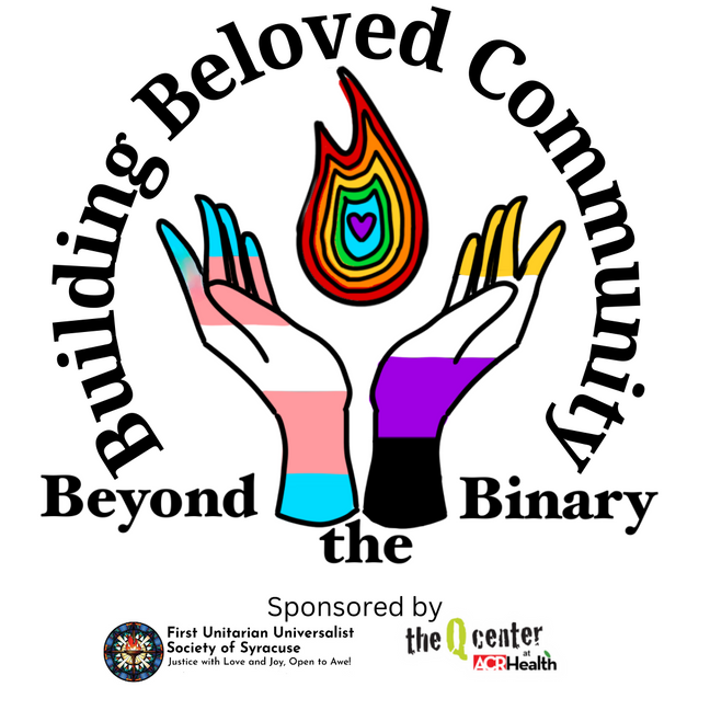 Logo two hands.Left hand stripes of transgender flag: blue, pink, white. Right hand stripes of nonbinary flag: black, purple, white, yellow. Fingers are stretching up to form a chalice holding rainbow flame.